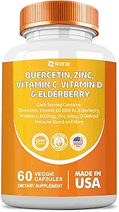 Quercetina 50 mg Zinc 1000 mg Vitamina C 5000 UI Vitamina D3 1000 mg Turmeric 1000 mg Elderberry con Q-Defend Immune Blend Reisshi Nettle Arteemisininin, Non-GMO, Suplementos Minerales,60 cápsulas