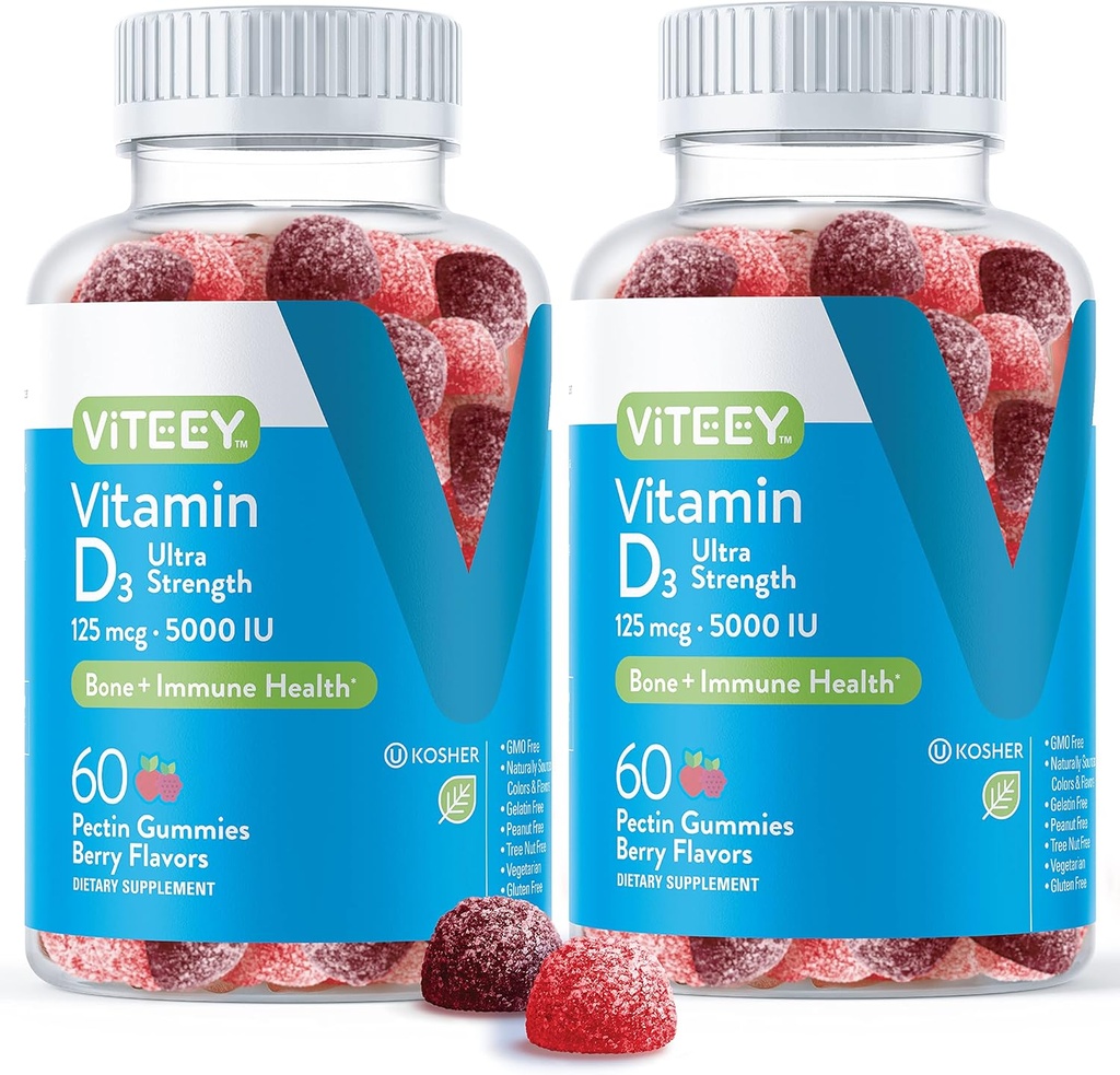 Viteey Vitamina D3 Gummies para Adultos & Adolescentes - 5,000 UI, 125mcg, Ultra Strength - Conjunto &amp; Muscle Health, Immune Boost - Chewable Vitamin D Gummies - Vegetarian, Gelatin Gratis - Tasty Berry Flavored