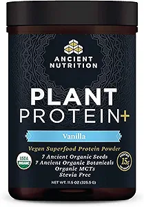 Ancient Nutrition Organic Plant Protein +, Vegan Plant Based Protein Powder, Vanilla, Formulated by Dr. Josh Axe, Dairy-Free, Gluten-Free, Non-GMO, No Sugar Added, Paleo Friendly Supplement 11.5 oz