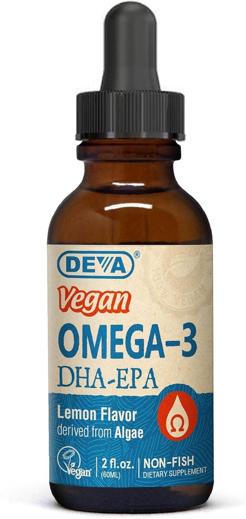 DEVA Vegan Omega-3 Liquid DHA - EPA, Non Fish de Algae, Lemon Flavor, 2 Ounce