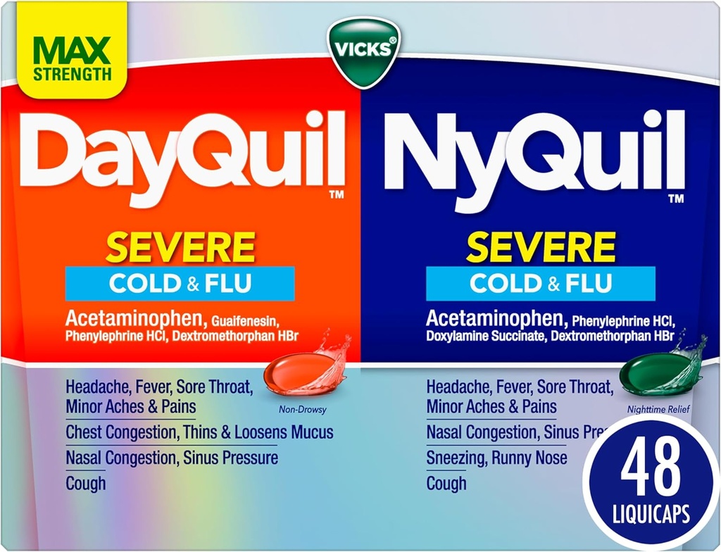VICKS DayQuil &amp; NyQuil SEVERE Co-Pack, Frío &amp; Flu Medicine, Powerful Relief for Headache, Fever, Sore Throat, Minor Aches & Pains, Congestion, Sinus Pressure, Stuffy Nose, and Cough, 48 LiquiCaps