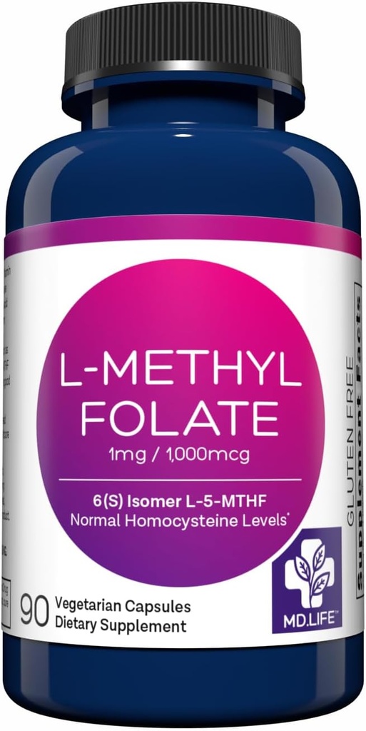 MD Life L-Methylfolate 1 mg Suplemento - Professional-Grade Active L Methylfolate Suplemento - 90 cápsulas - L-Methylfolate 1mg - Maximum Potency MTHFR W/ Essential Amino Acids