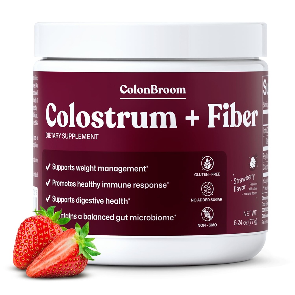 ColonBroom Colostrum + Fiber GLP-1 Friendly Supplement (Strawberry Flavor, 30 Servings) | Bovine Colostrum Powder & Psyllium Husk Powder | for Gut Health & Immunity | Gluten-Free, Non-GMO, Sugar-Free