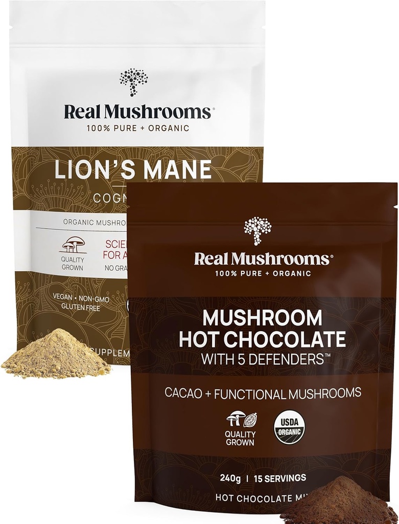 Real Mushrooms Hot Chocolate Mix (15 Servings) y Lion’s Mane (60 Servings) Powder Bundle - Mushroom Powder Supplement for Daily Immunity & Cognition Support - Gluten-Free, Non-GMO, Vegan