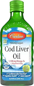 Carlson - Cod Liver Oil, 1100 mg Omega-3s, Plus Vitamins A and D3, Wild Caught Norwegian Arctic Cod Liver Oil, Sustainably Sourced Nordic Fish Oil Liquid, Green Apple, 250 mL (8.4 Fl Oz)