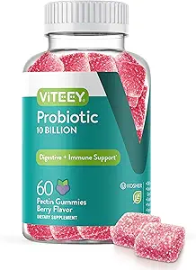 Viteey Probiotic Gummies for Women, Hombres, " Adolescentes - Maximum Strength 10 Billion Cells - Probiotics for Digestive Health, Immune Support - Vegetarian, Gelatin Free, GMO Free - Chewable Berry Flavored