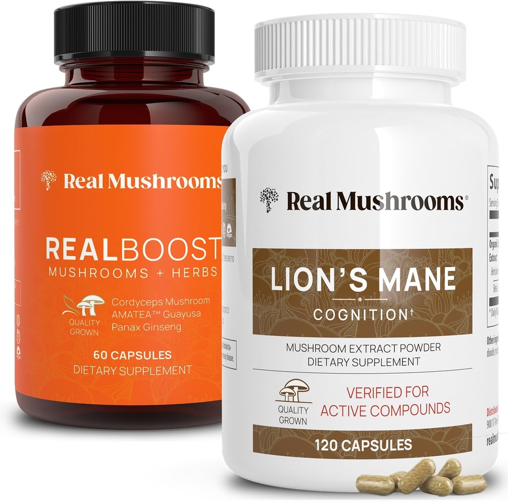 Real Mushrooms RealBoost (60ct) y Lions Mane (120ct) Capsules Bundle - Mushroom Supplement for Energy, Vitality & Cognition - Energy & Brain Vitamins w/Cordyceps, Ginseng, Guayusa - Vegan, Non-GMO