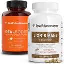 Real Mushrooms RealBoost (60ct) y Lions Mane (120ct) Capsules Bundle - Mushroom Supplement for Energy, Vitality & Cognition - Energy & Brain Vitamins w/Cordyceps, Ginseng, Guayusa - Vegan, Non-GMO
