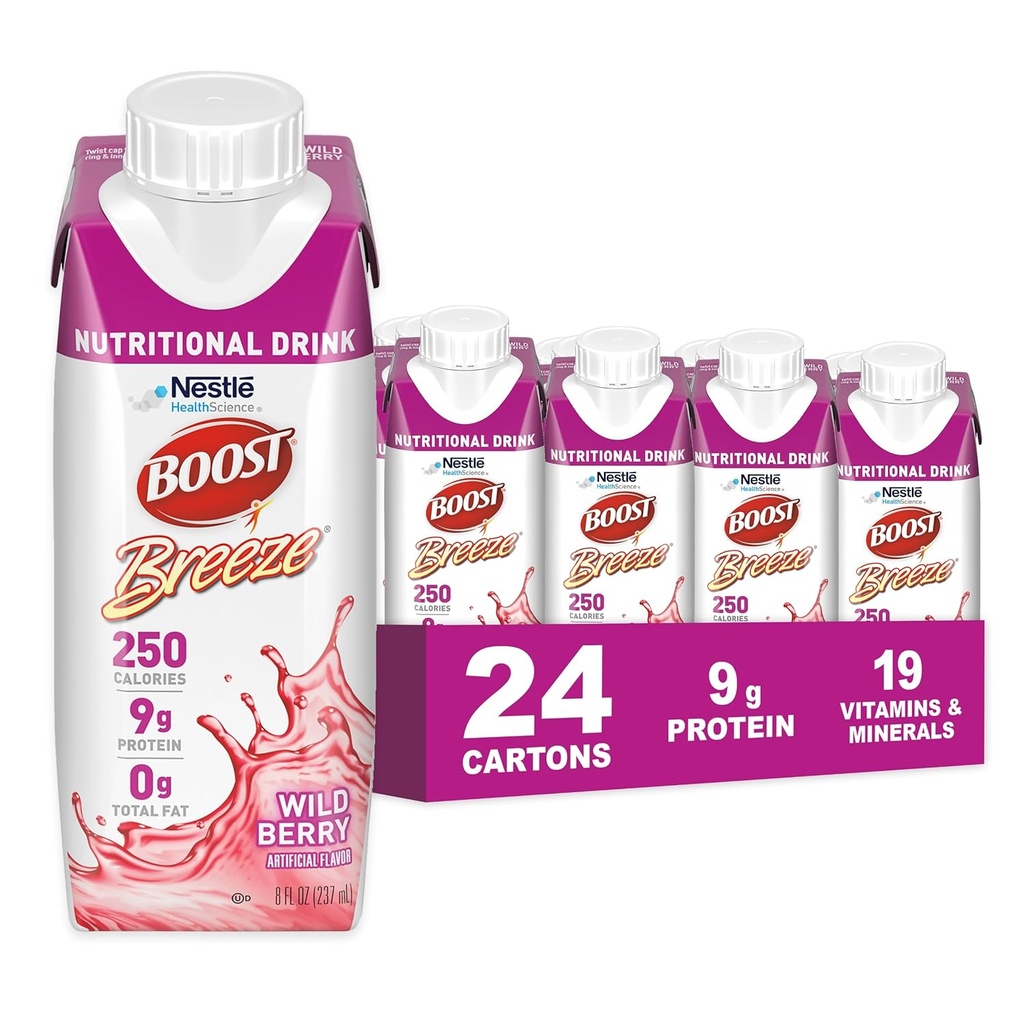 BOOST Breeze Clear Nutritional Drink - 250 Calories - 19 Vitaminas & Minerales - 9 g Proteína – Fortified Clear Nutritional Drink with Vitamin A " Zinc - Wild Berry Flavor - 8 fl oz (Pack of 24)