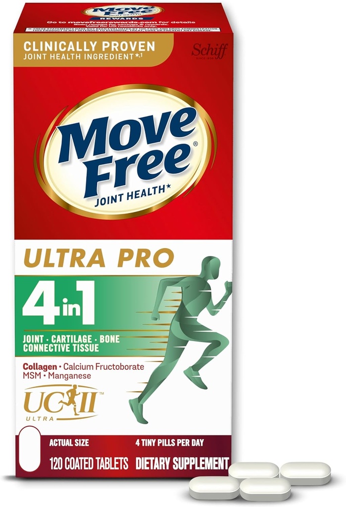 Move Free Ultra Pro with Quadruple Action Joint Support - Tipo 2 Collagen MSM Calcium Fructoborate & Manganese - Supports Joint Cartiliage Bone Connective Tissue, 120 Tablets (30 porciones)