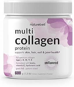 Multi Collagen Protein Powder 600g - 5 Tipos (I, II, III, V, X) Grass-Fed & Pasture-Raised ANTE with Biotin 5000mcg, Vitamina C ' Hyaluronic Acid ¦ Keto, Paleo, Unflavored (54 Servings)