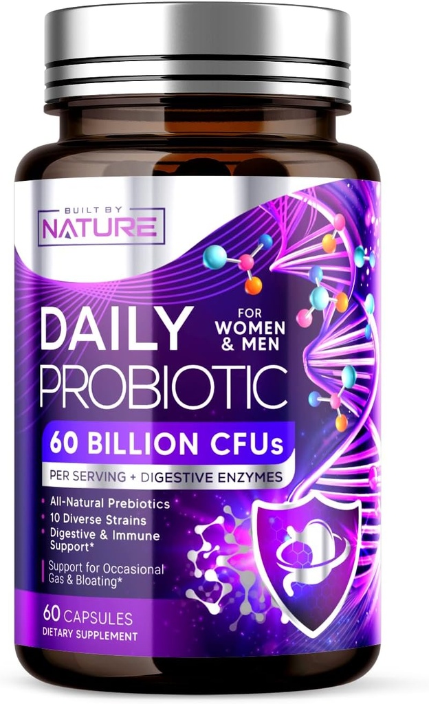 Construido por Nature Probiotic for Women &amp; Men – 60 Billion CFU, 10 Strains + Prebiotics & Digestive Enzymes – Apoya Digestive, Immune, Reduce Gas " Bloating – Shelf Stable, Non-GMO - 60 cápsulas