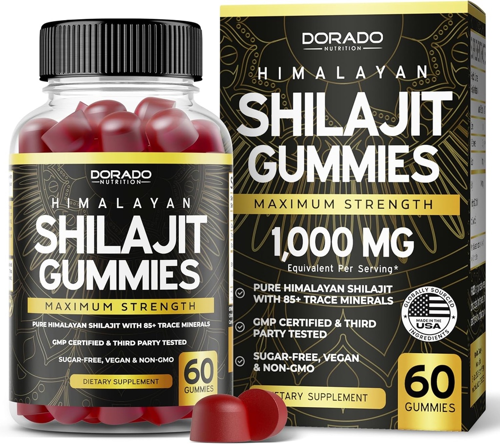 Shilajit Gummies For Men &amp; Women 1000mg (High Potency Gold Grade with 85+ Trace Minerals with Fulvic Acid) - Energy &amp; Immunity Support - Third Party Tested, Non GMO, Vegan &amp; Made in USA - (60 Gummies)