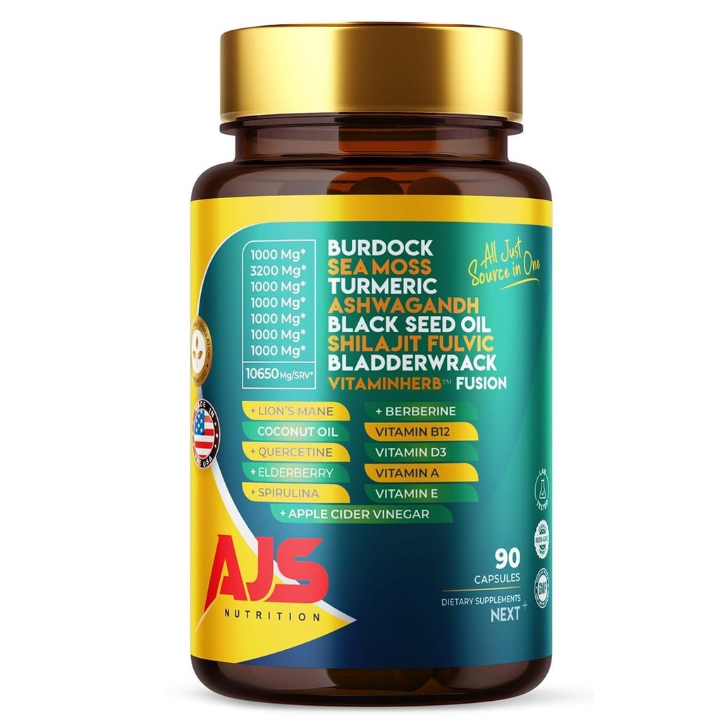 AJS Sea Moss Capsules 3200mg, Himalayan Shilajit 1000mg con Black Seed Oil, Ashwagandha, Turmeric, Bladderwrack, Burdock, Vitaminas, Berberine, Lion's Mane Mushroom, Elderberry- 90 Caps