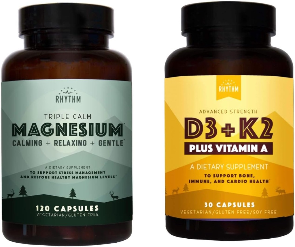 Natural Rhythm Triple Calm Magnesium 150 mg - 120 cápsulas – Magnesio Complejo Suplemento compuesto W/Natural Rhythm Vitamin D3 + K2 (MK7) Plus Vitamina A, para el hueso, el corazón, &amp; Immune Health, 30 cápsulas