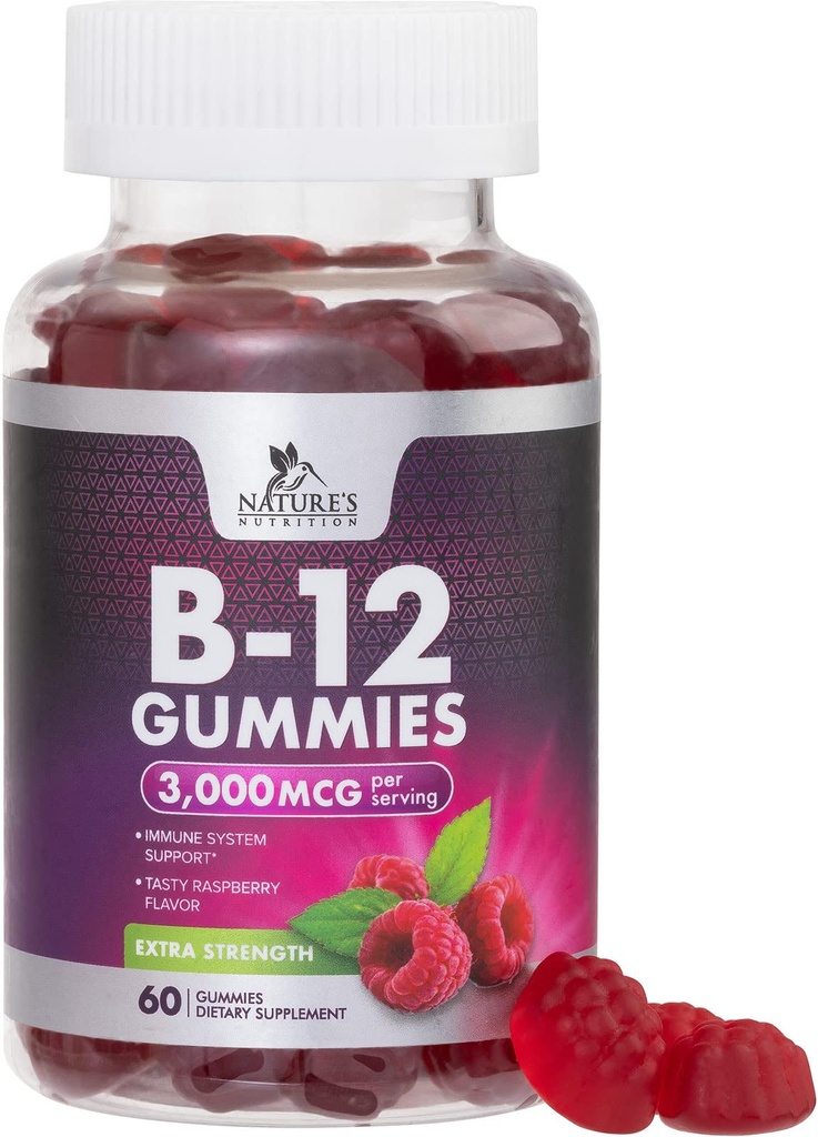B12 Vitaminas Energy Gummies 3000 mcg - Extra Strength B 12 Gummy for Metabolism &amp; Immune System Support - Chewable Dietary B12 Suplementos para adultos &amp; niños Caffeine Free Gummy Vitamin - 60 Gummies