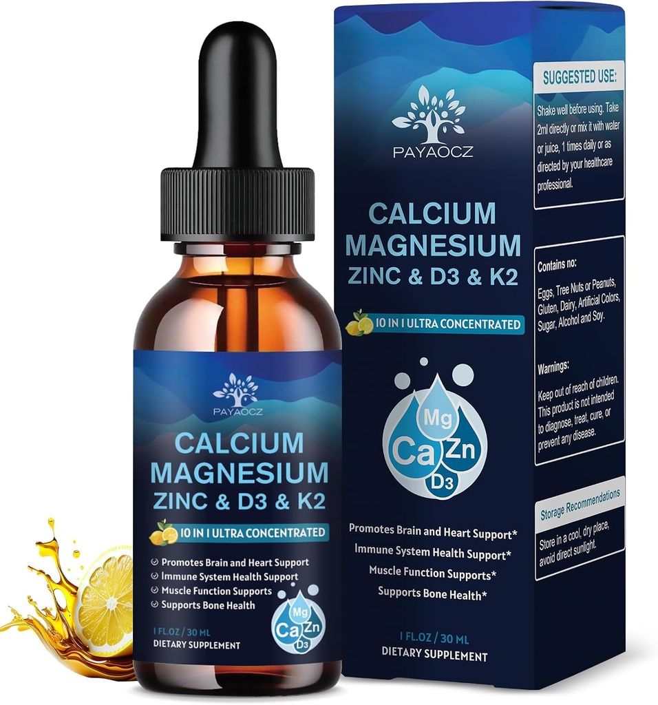 (4 Pack) 10 en 1 Suplemento de zinc de magnesio de calcio, Magnesio Glycinate Complex Liquid Drops with Vitamin D3 K2 B6, Calcio vegano Citrate Bone &amp; Immune Health Support, Sleep & Cramps, Boron, 1 Fl Oz