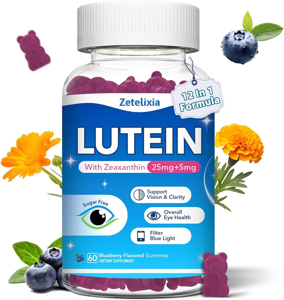 Lutein Gummies, 12 in 1 Lutein and Zeaxanthin Supplements Eye Vitamins Gummies for Adults, Eye Health Supplement with Multiple Vitamin for Promoting Eye & Vision - 60 Gummies