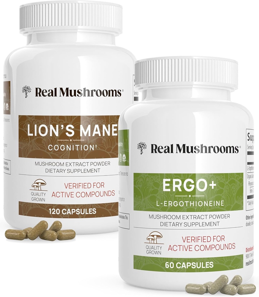Ergothioneine (60ct) and Lions Mane (120ct) Bundle with Shiitake and Oyster Mushroom Extracts - Longevidad y Cognición - Vegan, Gluten Free, Non-GMO