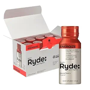 Ryde: Energize Shot ¦ Tropical Flavor ← Green Tea Caffeine, Taurine, Ginseng Extract " B Vitamins TENER 0 Calories, 0 Sugar TEN 2 FL OZ Shots ANTERI Boost energy* (8 Pack)