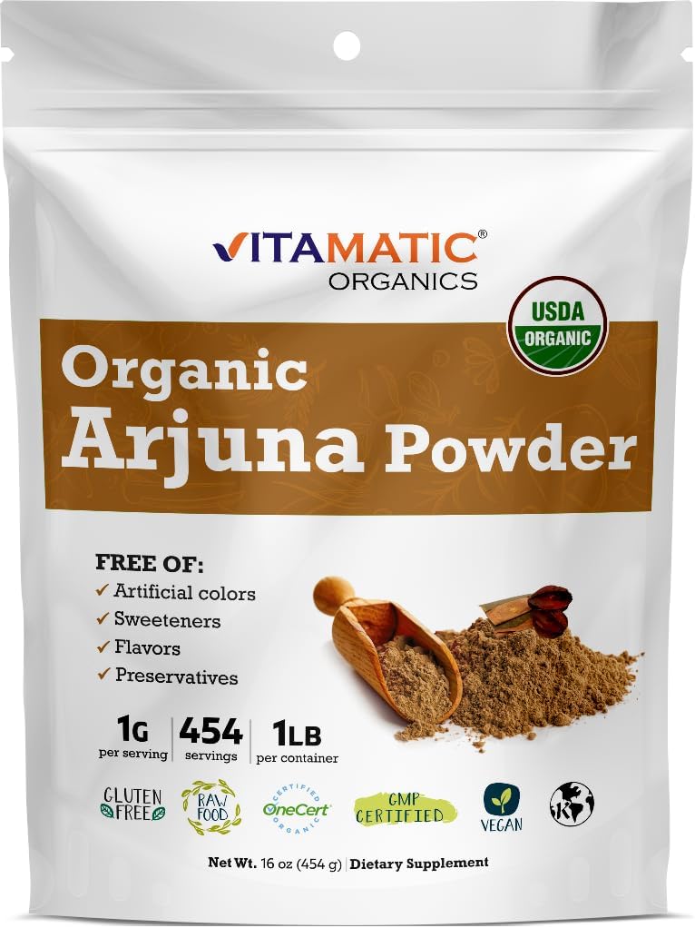 Vitamatic Certified USDA Organic Arjuna Bark Powder – 1 lb (16 oz) Pure Terminalia Arjuna Bark viv Apoya Heart Health, Circulation &amp; Stress Relief