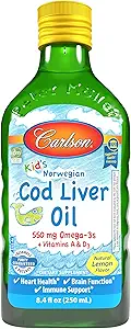 Carlson - Kid's Cod Liver Oil, 550 mg Omega-3, Vitaminas A &amp; D3, Wild Norwegian, Lemon, 250 mL