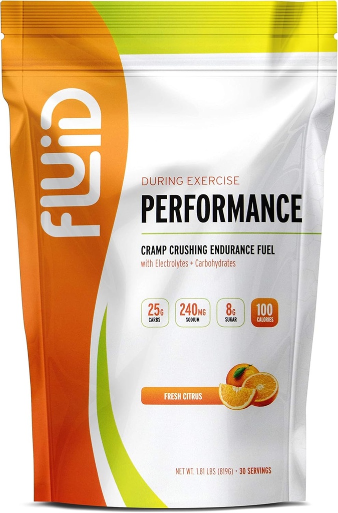 Fluid Performance - Low Sugar Endurance Fuel Sports Drink Mix with Electrolytes, All Natural Ingredients, Gluten-Free for Before or During Exercise (Fresh Citrus, 30 Serving)