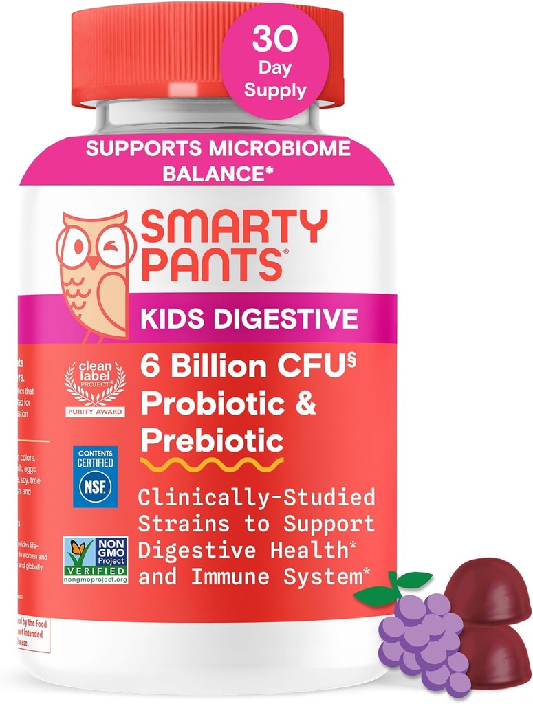 SmartyPants Kids Probiotic " Prebiotic Gummies for Digestive Health: Gut Health Supplement, Clinically Studied Prebiotic for Immune Support, Grape, 60 Count (30 Day Supply)