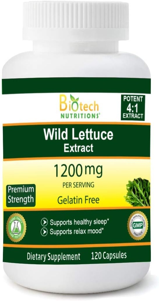 Extracto de lechuga silvestre 1200 mg Sirviendo 120 cápsula vegetal Gelatin Free Made in USA Most Potent Lactuca Virosa Vegan and Non-GMO