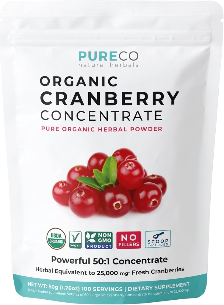 USDA Organic Cranberry Concentrate (50:1) Powder - 500mg es Equivalente a 25,000mg de Cranberries Frescas - para la limpieza del riñón &amp; UTI Ayuda Vitaminas - Mujeres - Suplemento - 100 Servings - No Pills