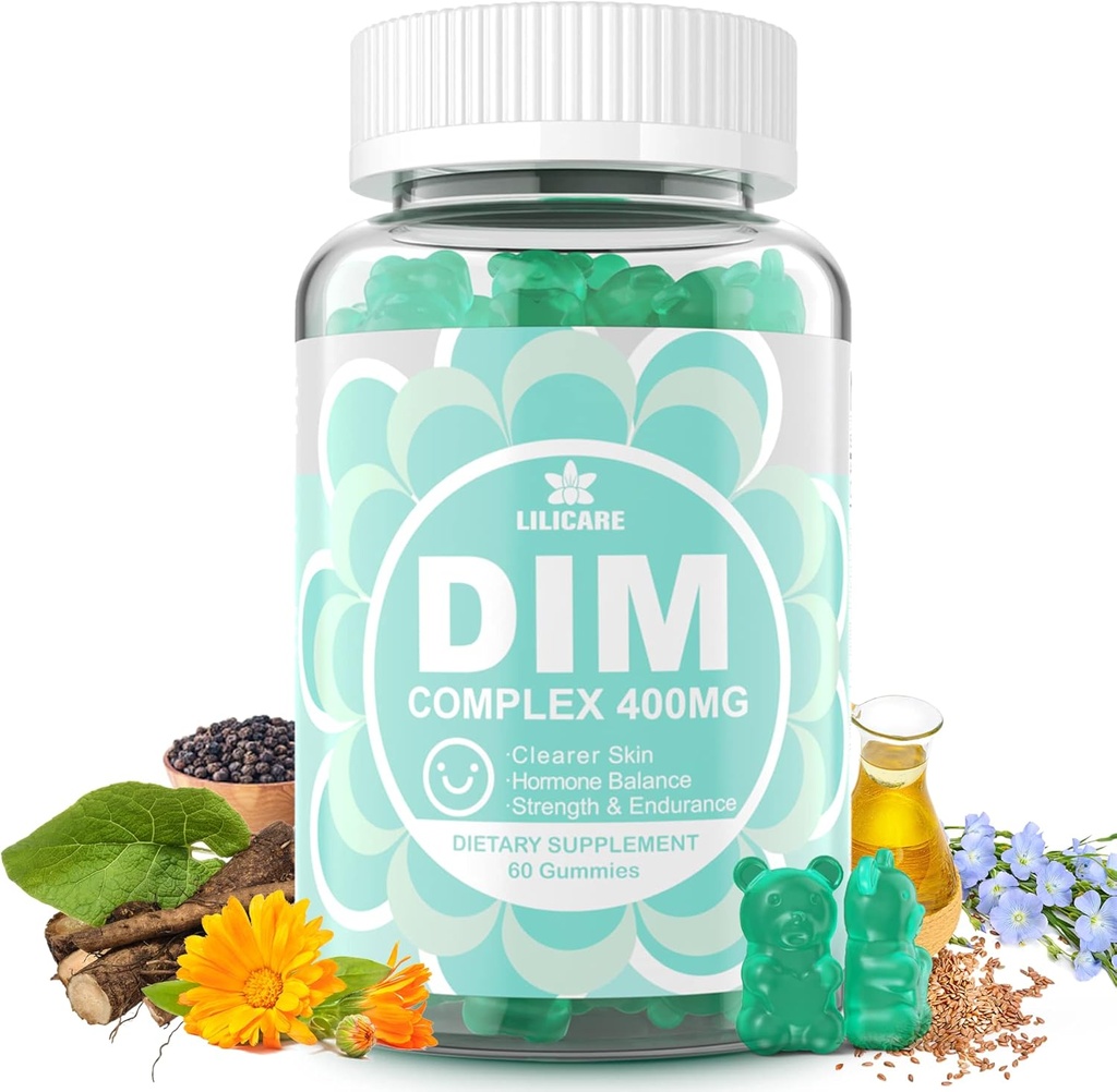 Suplemento DIM Mujeres 400mg, Suplemento Estrógeno para Mujeres, Gummies DIM Libre de Azúcar para Mujeres/ Biotina, Aceite Flaxseed, Burdock, Calendula, BioPerine for Hormone Balance, Menopause &amp; Prostate 60Cts