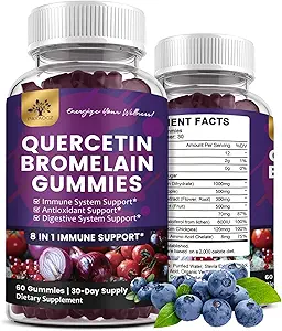 (2 Pack) Quercetin Gummies with Bromelain Zinc Elderberry Vitamin C D3 K2, Quercetin 1000mg Suplemento con Bromelain 500mg para Cardiovascular, Immune System &amp; Allergy, Vegan Gummy para Adult &amp; Kid