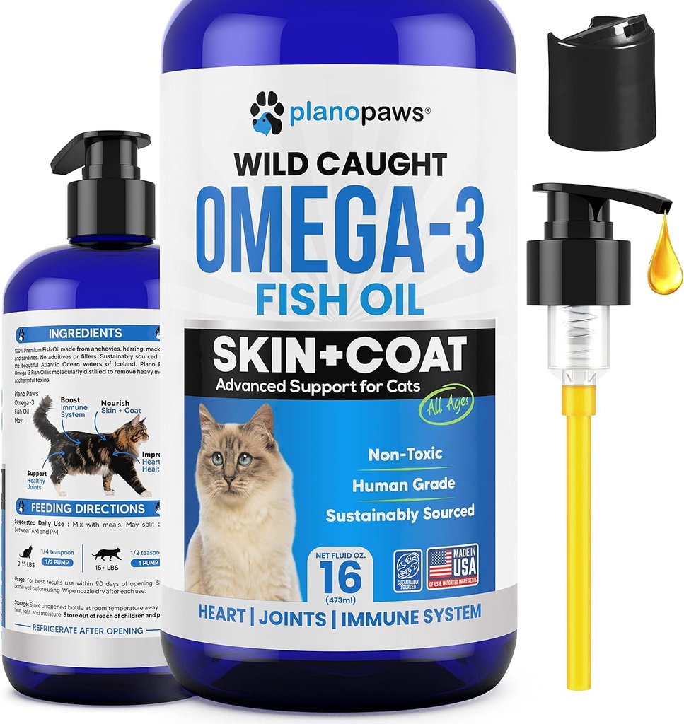 Omega 3 aceite de pescado para gatos - mejor que el aceite de salmón para gatos - Kitten + vitaminas y suplementos de gato - Cat Health Supplies - Cat Dandruff Tratamiento - Aceite de pescado líquido para mascotas - Cat Shedding Products