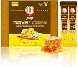 6 años Coreano Red Ginseng Extracto & Royal Honey TENIDO 30 Sticks TEN Sweet Flavor ← 70mg Ginseng, 15% Australian Honey TEN Energy, Focus, Fatigue, Immune Support ← Suplemento diario para hombres y mujeres