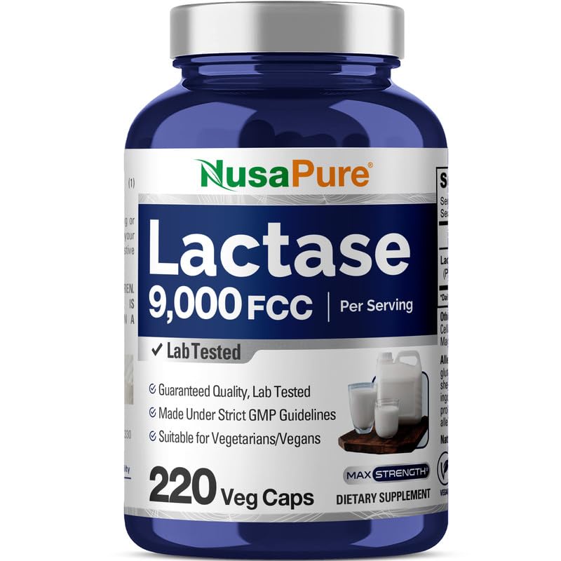 NusaPure Lactase Enzyme 9000 FCC, Lactase Unit, Suitable for Vegetarians/Vegan, Non-GMO, 220 Veg Capsules