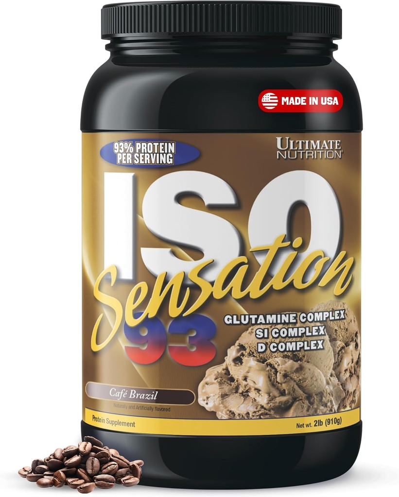 Ultimate Nutrition Whey Protein Isolate Powder with Glutamine Complex, ISO Sensation 93 - Whey Protein Powder with Añadido Colostrum for Enhanced Recovery, Immunity & Gut Health - Café Brasil, 2lbs