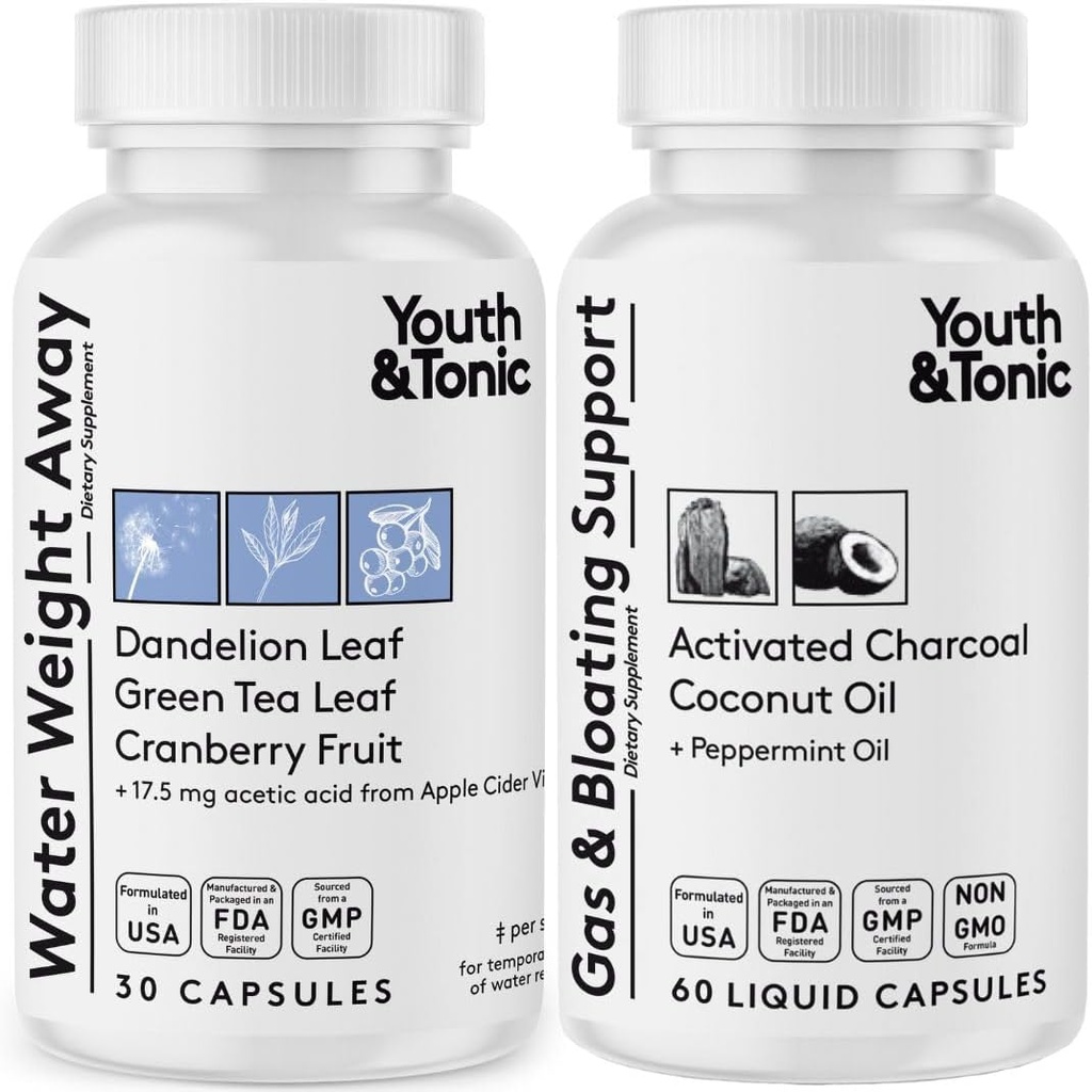 Peso del agua Away &amp; Gas y Bloating – Diurético &amp; Carbón para el alivio de la hinchazón – Apoyo para la retención del agua, piernas hinchadas " Bloating digestivo – Peppermint " Coconut Oil – 90 pastillas