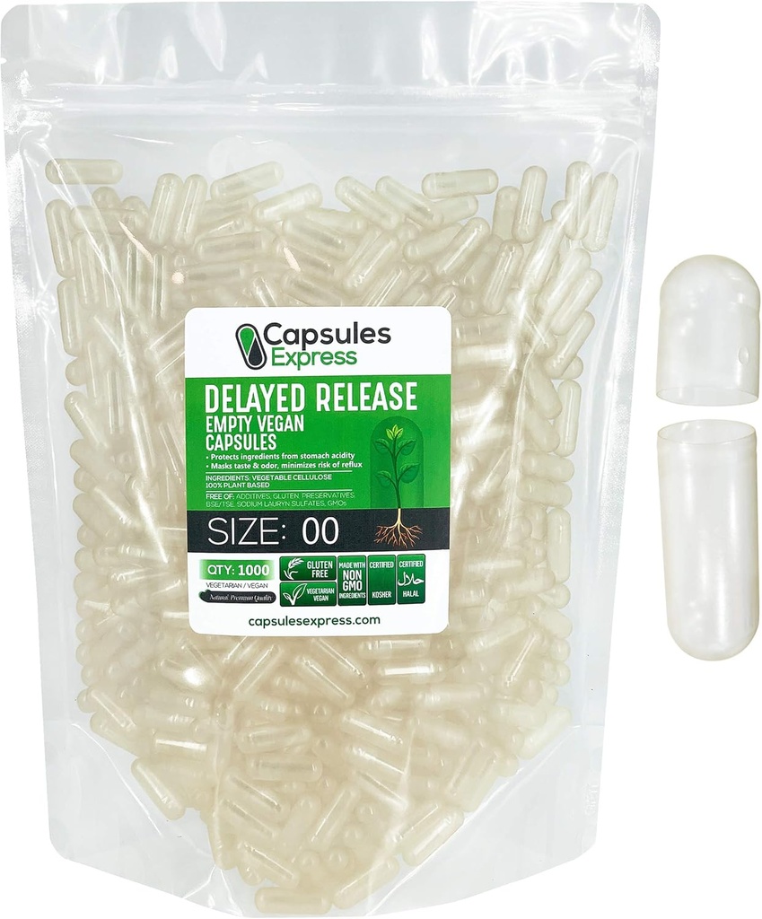 XPRS Nutra Delayed Release Size 00 Empty Capsules - 1000 Count Clear Empty Vegan Capsules - Vegetarian Pills DIY Vegetable Capsule Filling - Fillable Veggie Gel Caps for Do-It-youself Supplements