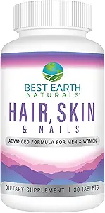 Best Earth Naturals Hair, Skin and Nails Supplement with Biotin, Collagen, Vitamins for Healthy Hair, Glowing Skin, Strong Nails