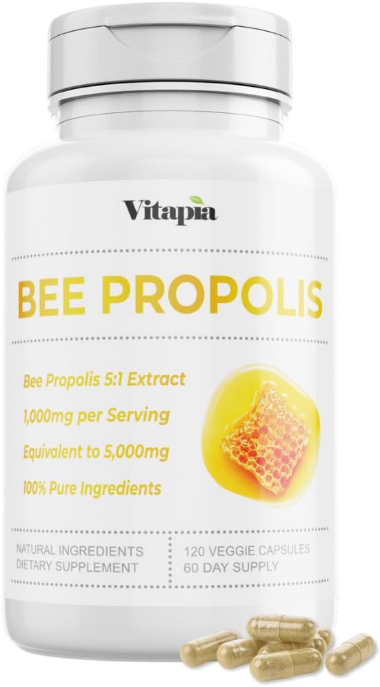 Bee Propolis Extract Capsules 1000mg Suplemento para Immune Support, Vitality, Skin Health - Potent Polyphenols, Flavanoids, Antioxidantes - 120 Count, Non-GMO, Gluten-Free