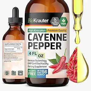 BIO KRAUTER Cayenne Pepper Extract Liquid - Pure Capsaicin Extract - Liquid Cayenne Pepper Drops for Digestive Support - Sugar & Alcohol Free 4 Fl.Oz.