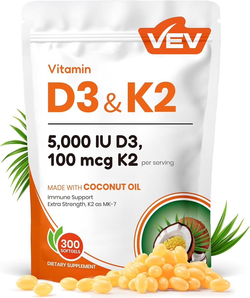 VEV Corefeel Vitamina D3 K2, 5000 UI D3 100mcg K2 (MK 7), 300 Softgels, 2-en-1 Vitamina D &amp; K Suplemento con aceite de coco, soporta la absorción de calcio y la salud ósea, fácil de absorber