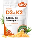 VEV Corefeel Vitamina D3 K2, 5000 UI D3 100mcg K2 (MK 7), 300 Softgels, 2-en-1 Vitamina D &amp; K Suplemento con aceite de coco, soporta la absorción de calcio y la salud ósea, fácil de absorber