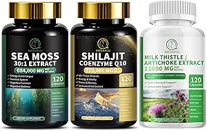 Sea Moss y Shilajit Bundle, Milk Thistle Capsules for Liver Cleanse Detox " Repair, Energy, Antioxidant, Immune Support