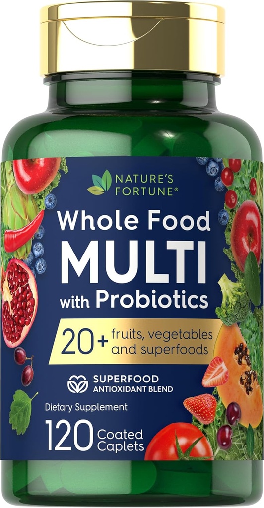 La fortuna entera de la naturaleza Multivitamínico de alimentos con probióticos Ø 120 Coated Caplets  Hecho con 20 Frutas y verduras ← Non-GMO &amp; Gluten Free Supplement