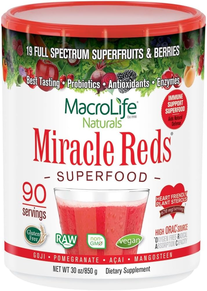 MacroLife Naturales Milagro Rojos Superalimentos Suplemento Polvo Antioxidantes Polifenoles Enzymes Probióticos - Raw No-GMO Organic Vegan Gluten &amp; Dairy Gratis - 30oz (90 Servings) 30oz