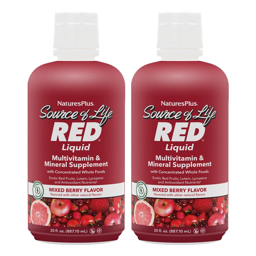 NaturesPlus Source of Life RED Multivitamin Liquid - 30 oz, Pack of 2 - Energy & Immune Support - with Exotic Red Fruits, Lycopene & Lutein - Vegetarian &amp; Gluten Free - 60 Total Servings