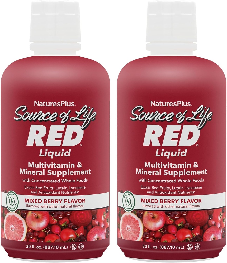 NaturesPlus Source of Life RED Multivitamin Liquid - 30 oz, Pack of 2 - Energy & Immune Support - with Exotic Red Fruits, Lycopene & Lutein - Vegetarian &amp; Gluten Free - 60 Total Servings