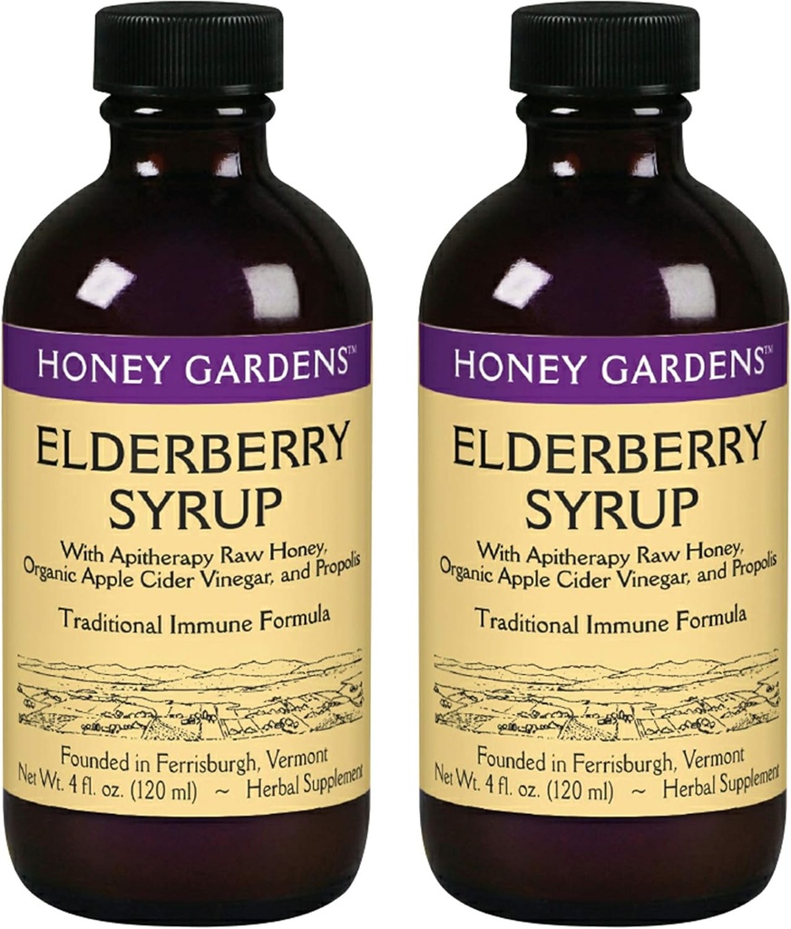 Honey Gardens Elderberry Syrup with Grade A Raw Honey, Propolis, Organic ACV & Elderberries  tolera Traditional Immune Formula w/Echinacea ANTE Made in The USA (4oz, 2pk)