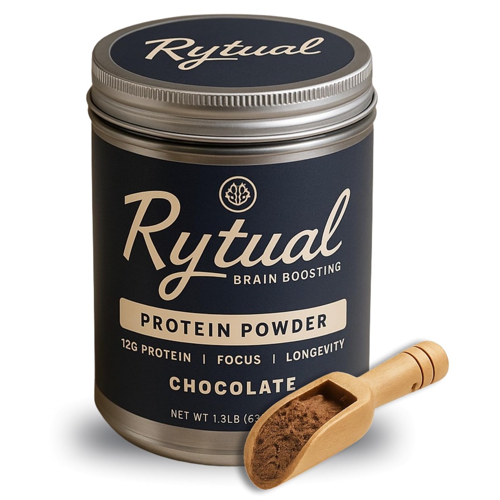 Rytual Brain Boosting Protein Powder – Whey + Nootropics with Lion’s Mane, Cordyceps, Reishi, Ashwagandha & L-Theanine – 1lb Chocolate – Focus, Recovery & Longevity